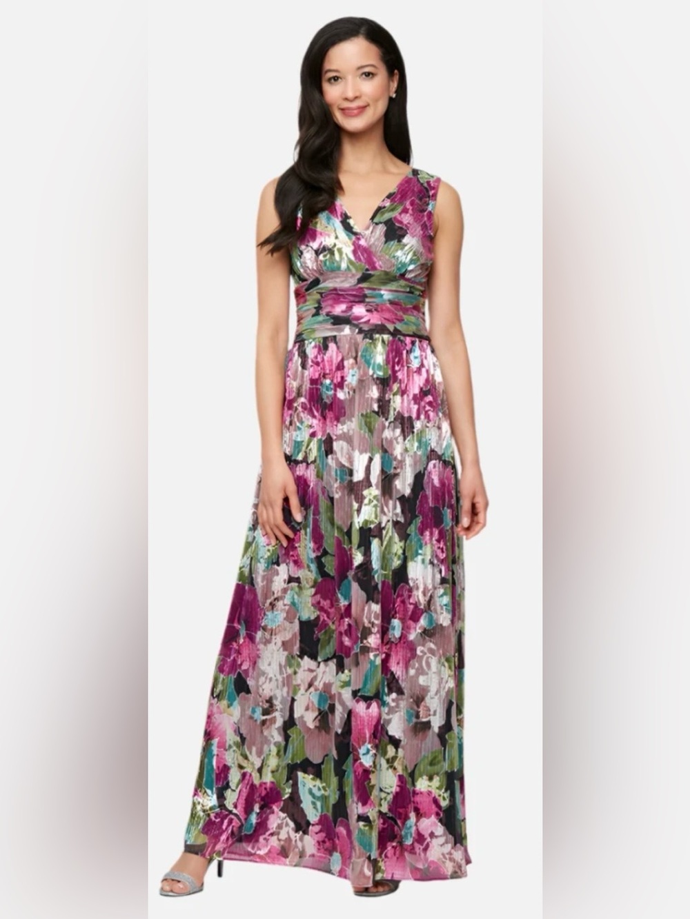 NWT SLNY Metallic Foil Floral Gown Sleeveless Maxi Dress Size 14W